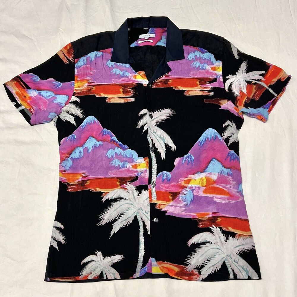 Reiss Camp Collar Rayon Shirt Men’s M Slim Fit Hawaiian Neon Mountain Palm Higgs